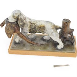 20th century Austrian cold painted spelter table lighter in the form of a spaniel retrieving a pheasant, including base H15.5cm L25cm