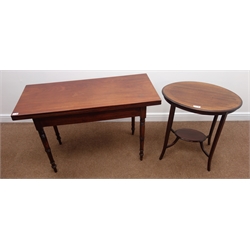  19th century mahogany card table, rectangular fold over swivel top, turned supports (115cm x 50cm, H76cm), and an Edwardian oval occasional table  