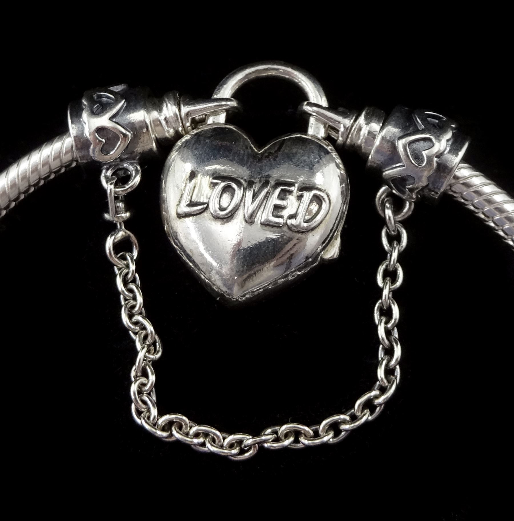 Pandora Moments 'You Are Loved' padlock silver charm bracelet, with eleven Pandora Club 2020 limited edition charms and safety chain, in Pandora box
