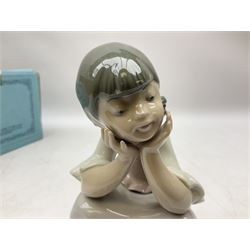 Three Lladro figures, comprising Pondering, no 5173, Nostalgia, no 5071 and Nature's Bounty, no 1417, all with original boxes, largest example H27cm