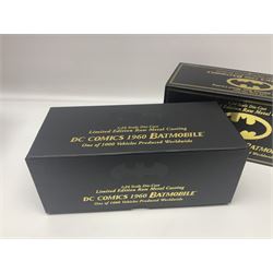 Two Corgi DC Comics die-cast Batmobiles comprising 1:18 scale die-cast Limited Edition Pre-Production Raw Metal Casting 1940 Batmobile Roadster no. 184/300, and 1:24 scale die-cast Limited Edition Raw Metal Casting 1960 Batmobile no. 858/1000, both with original boxes and certificates of authenticity 