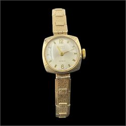 9ct gold Summit 17 Jewels ladies manual wind wristwatch, on 9ct gold articulated strap, stamped 375
