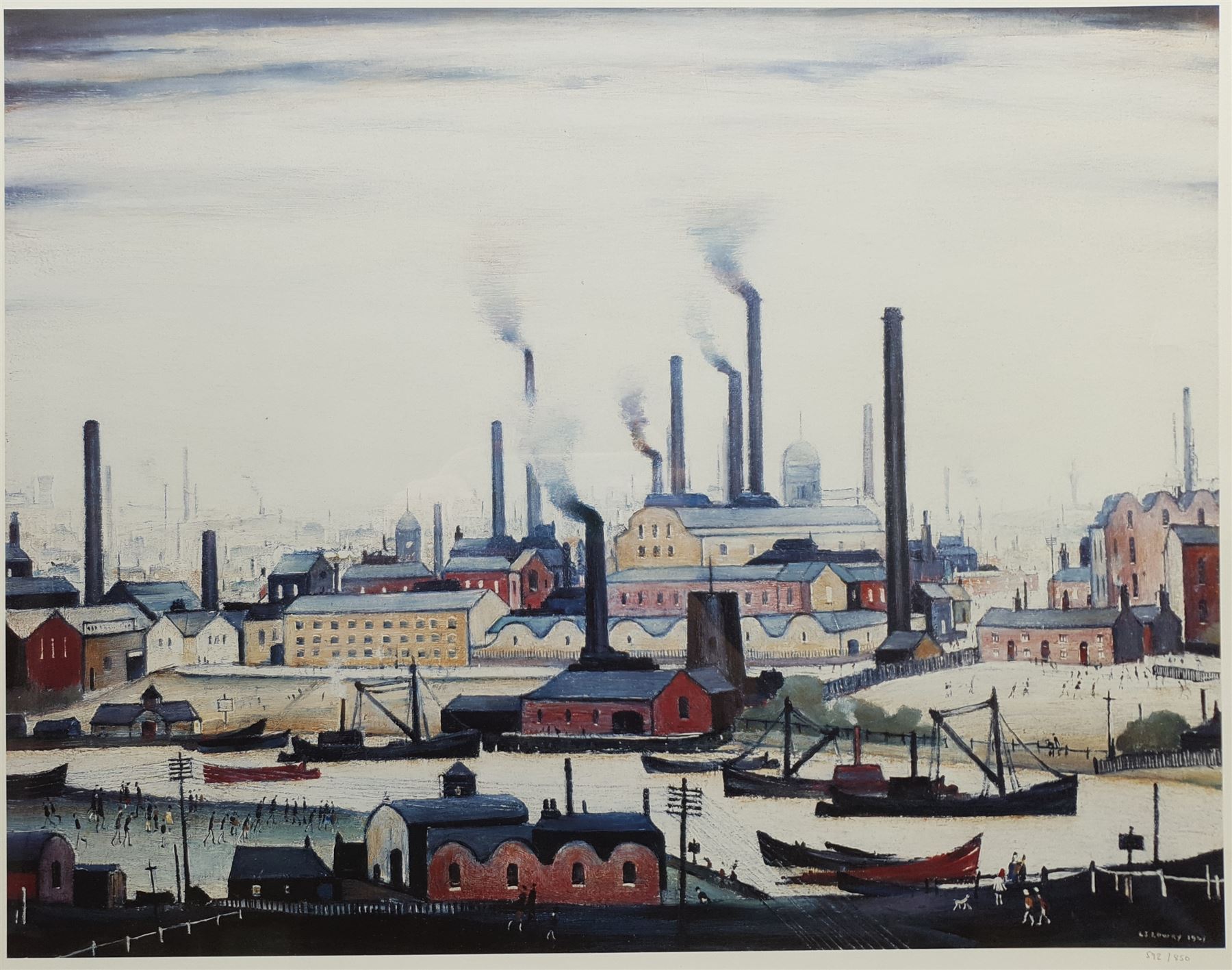 After Laurence Stephen Lowry (British 1887-1976): 'A River Bank', limited edition colour print No.592/850 with Henry Donn blindstamp, Henry Buckland COA verso 39cm x 50cm