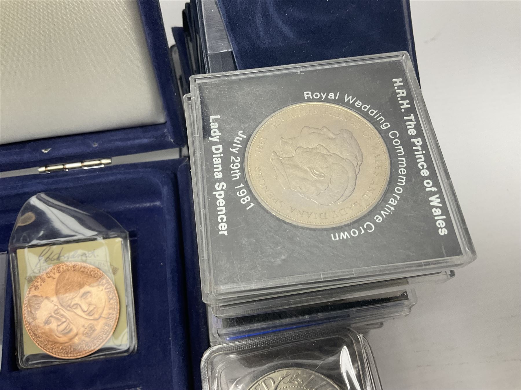 Mostly commemorative coins, including crowns, Queen Elizabeth II 2009 countdown to London 2012 five pound coin on card, 'The 2012 Diamond Jubilee' coin set in card folder, Cook Islands 2013 one dollar commemorating 'Coronation sixty years 1953 2013' etc