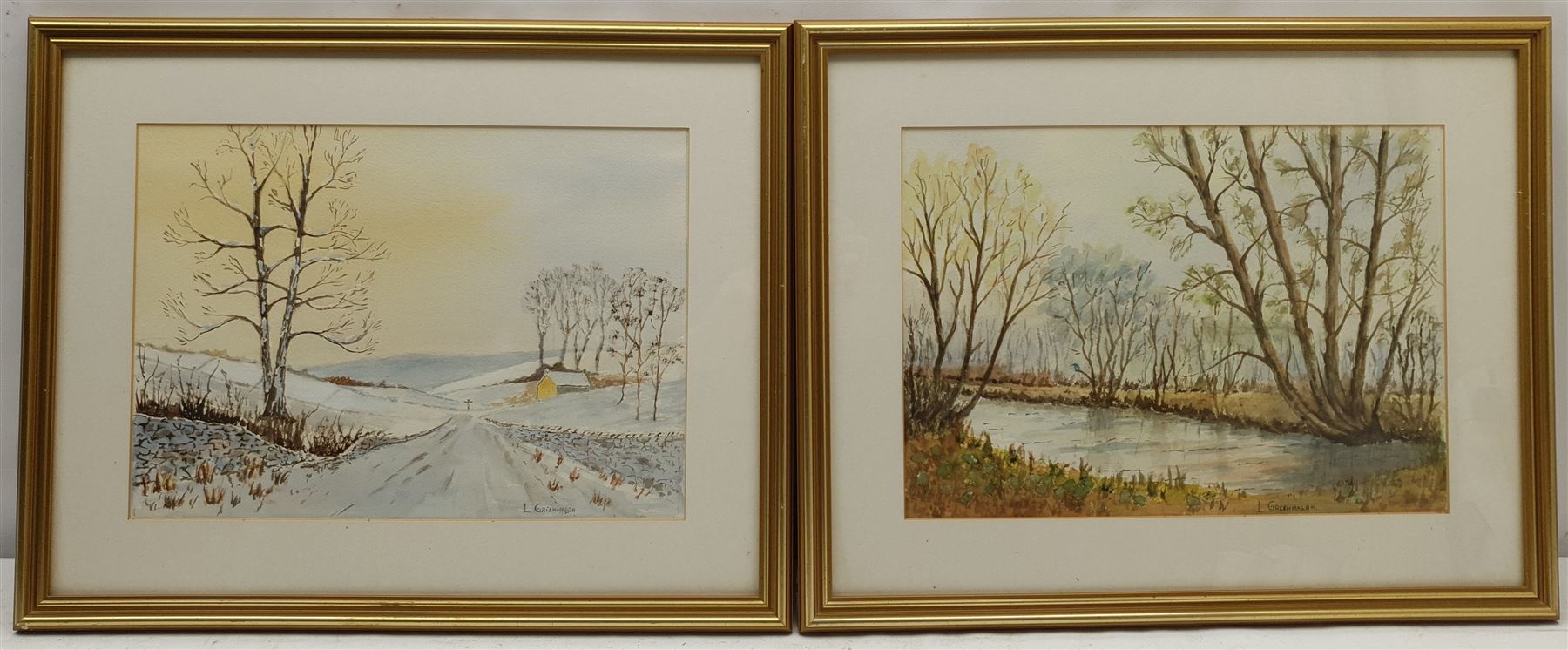 A Hunter (British 20th century): Scarborough South Bay and Helmsley, pair watercolours signed with initials 19cm x 39cm; Len Greenhalgh (British 20th century): Landscapes, pair watercolours signed 25cm x 35cm (4)