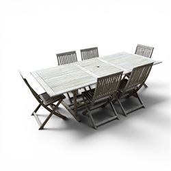 Teak garden table and 6 folding chairs in a grey finish