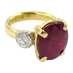 18ct gold three stone oval ruby and round brilliant cut diamond ring, hallmarked, total diamond weight approx 1.35, ruby approx 8.00 carat