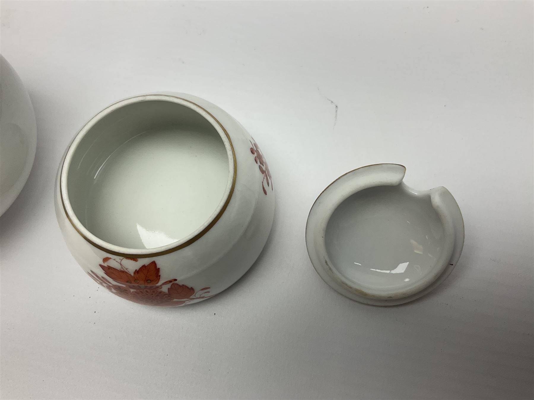 Herend Chinese Bouquet Rose pattern tea service comprising teapot, coffee pot, open sucrier, six cups and saucers, six tea plates, cream jug and stand, milk jug, two teabag holders, preserve pot, two leaf shaped dishes, four egg cups, salt & pepper pots, pair side plates and another plate