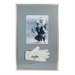 Signed golf memorabilia, to include 1988 US Masters Champion Augusta National flag, signed by Sandy Lyle, a golfing glove signed by Nick Faldo, two signed 2002 Ryder Cup prints, 1979 Masters scorecard signed by Fuzzy Zoeller displayed with a 1980 Masters scorecard signed by Seve Ballesteros, all framed, largest frame H60cm