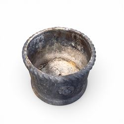 Pair of 19th century lead garden planters of cylindrical form, the rolled rope twist rims over a plain body decorated with applied flowerhead roundels, in antique weathered finish