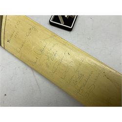 Sondico cricket bat with Yorkshire C.C.C. signatures; framed Lord Taverners v Barclaycard XI programme signed by Colin Milburn, Colin Cowdrey, Roy Kinnear, Nicholas Parsons etc; souvenir Ashes 1994/95 cricket ball; books of cricket interest; tie-pin etc