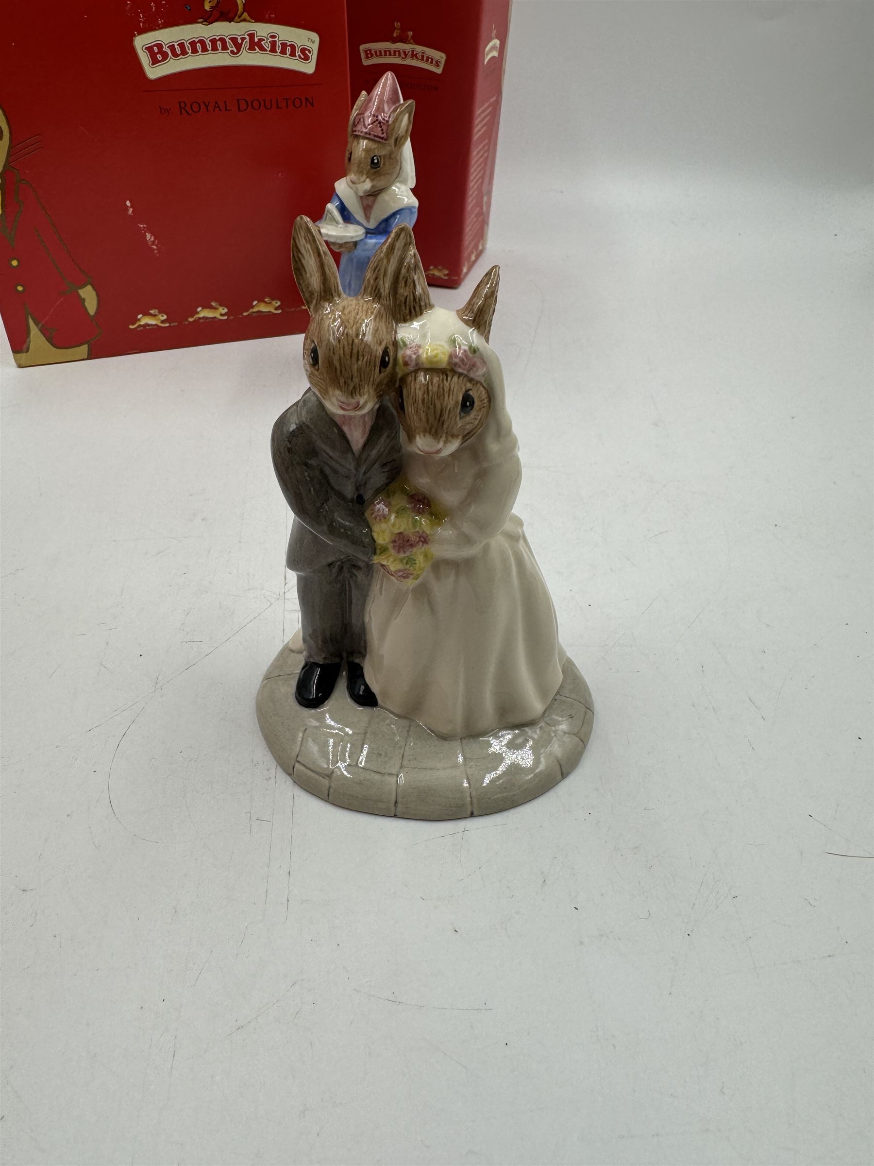 Five Royal Doulton Bunnykins comprising Sundial, Wedding Day, Gladiator, Romeo and Juliet 