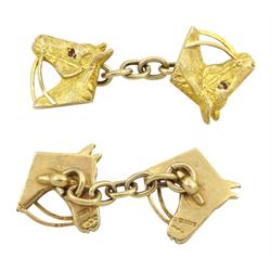 Pair of 9ct gold horse's head cufflinks, set with garnet eyes by Alabaster & Wilson, Birmingham 1961