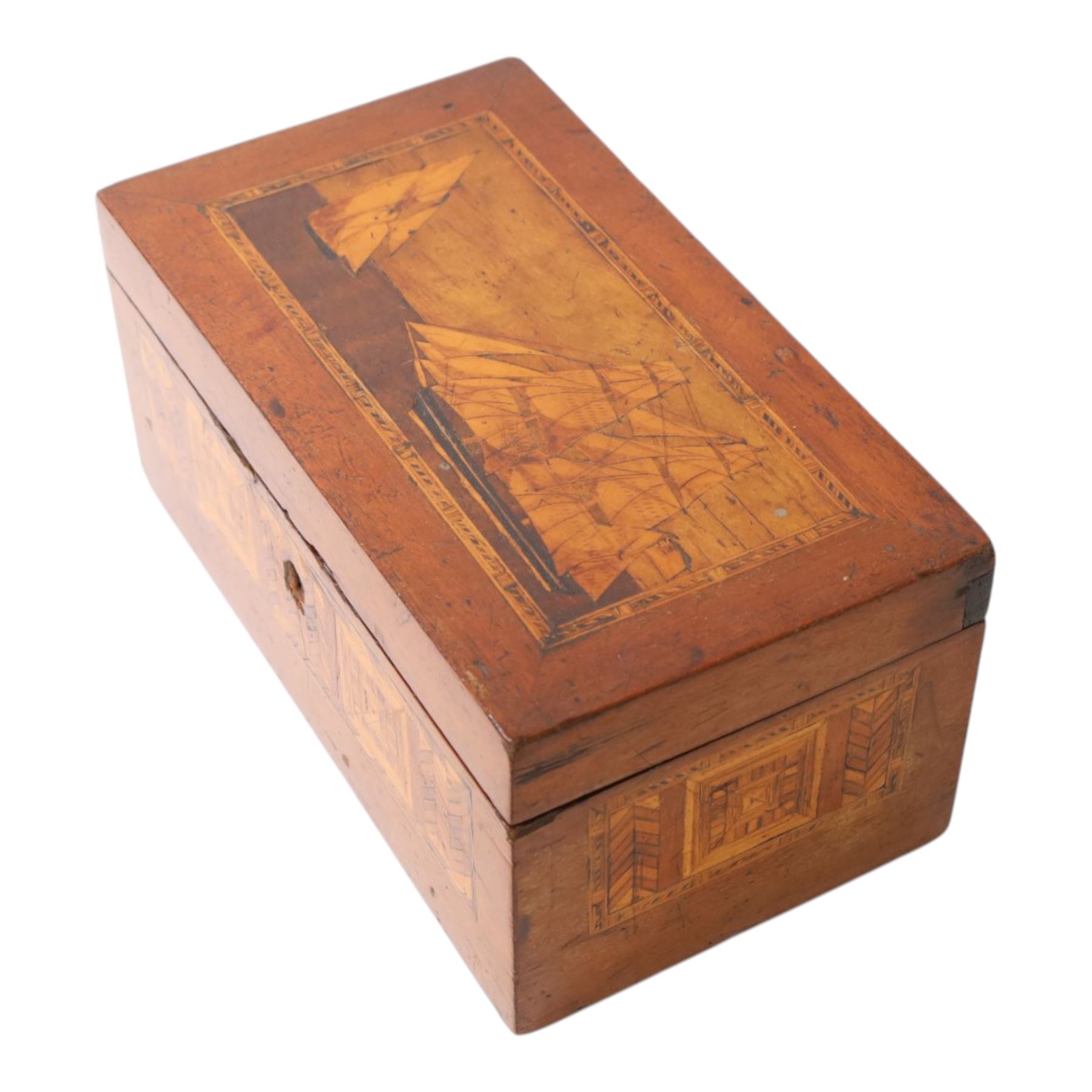 19th century satin wood marquetry inlaid correspondents box, the lid with inlaid three-masted sailing ship, opening to fitted compartments,  H1cm, L21cm, D12cm