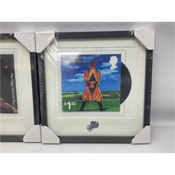 Set of three Royal Mail David Bowie limited edition album stamp prints, comprising  Ziggy Stardust Tour, Hunky Dory and Earthling, all framed and in original packaging, H43cm W43cm