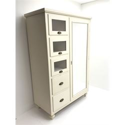 Painted combination chest wardrobe, four drawers alongside single door with full length mirror enclosing hanging rail and two shelves, turned supports
