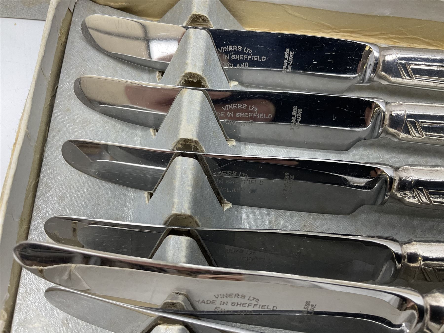 Viners Ltd silver plate Silver Rose pattern cutlery service for six place settings, to include butter knives, table knives and forks, soup spoons, dessert forks and spoons, tea knives, forks and spoons, two serving spoons and a seven piece fruit set, some boxed, missing table spoons