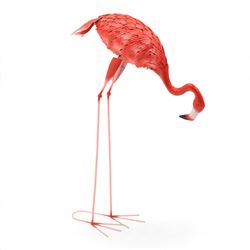 Pair of contemporary pink painted metal flamingos, with elongated curved necks, black-tipped beaks and overlapping pierced metal plumage, on long slender legs terminating in three-toed feet, modelled in differing poses