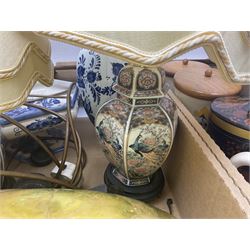 Set of metal weighing scales, pair of Chinese style ceramic table lamps, blue and white ceramics, oriental ceramics and a collection of other glassware, metal ware and collectables, in five boxes 