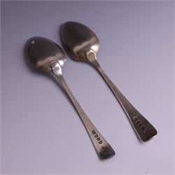 Two George III Old English pattern silver spoons, each engraved with arm and hammer crest to terminal, both hallmarked