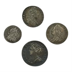 Charles II 1683 threepence, William III 1697 sixpence, Anne 1711 shilling and George II 1758 sixpence coin