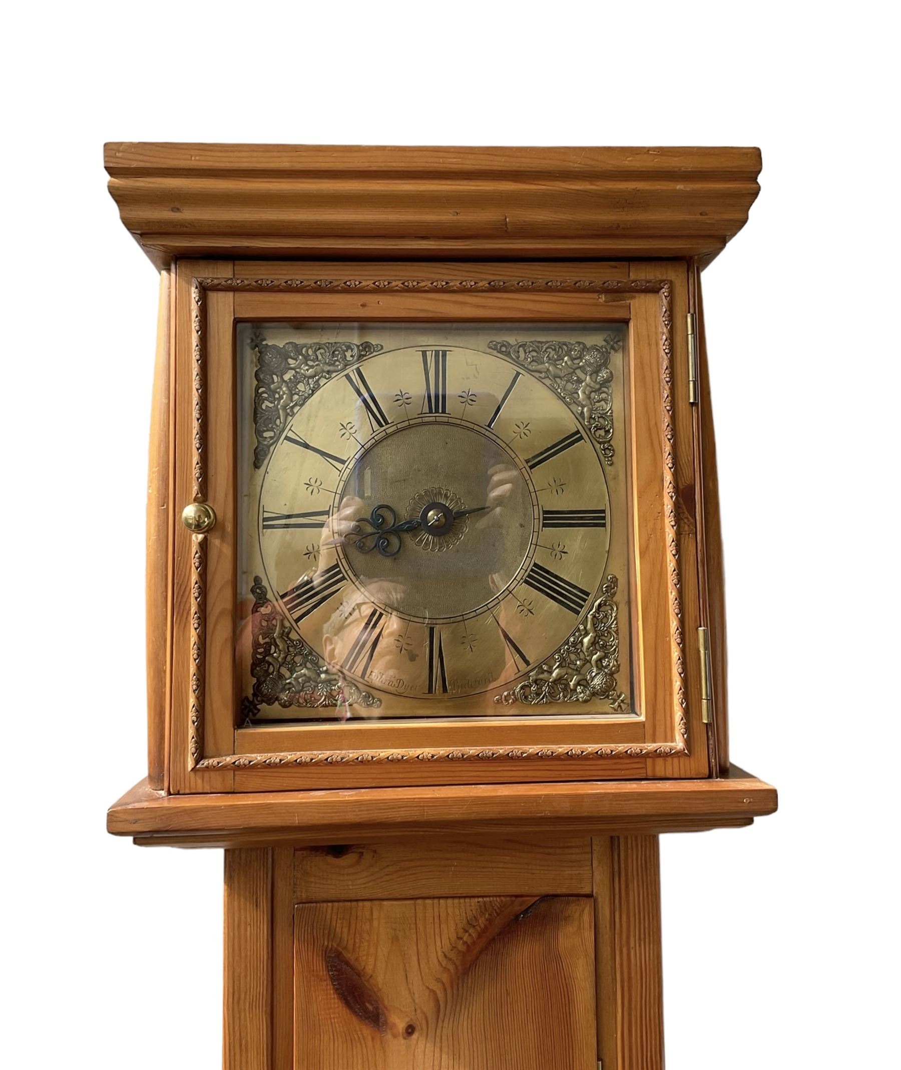 Contemporary Pine longcase clock -  With an early single handed 18th century 30hr movement and dial, movement and dial by Ephraim Dyer of Bideford, 1683-1723, brass dial with a matted dial centre, cast spandrels, single steel hand and chapter ring with Roman numerals, dial pinned to a chain driven birdcage movement with a countwheel strike, striking the hours on a bell. No weight or pendulum.