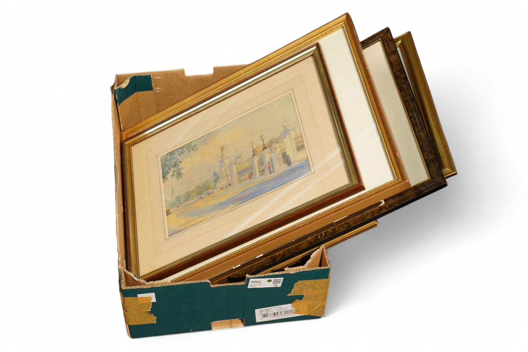 Collection of framed artworks, including a watercolour by  Lance Cattermole (British 1898-1992): View of the Victoria Memorial and the gates of Buckingham Palace; Five etchings, one watercolour, one portrait. 