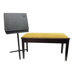 Mahogany framed duet stool with gold dralon upholstered lift seat and plain square tapering legs L91cm; and a Wenger rise-and-fall music stand (2)