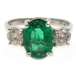  18ct white gold oval emerald and round brilliant cut diamond ring, hallmarked, emerald approx 1.6 carat   