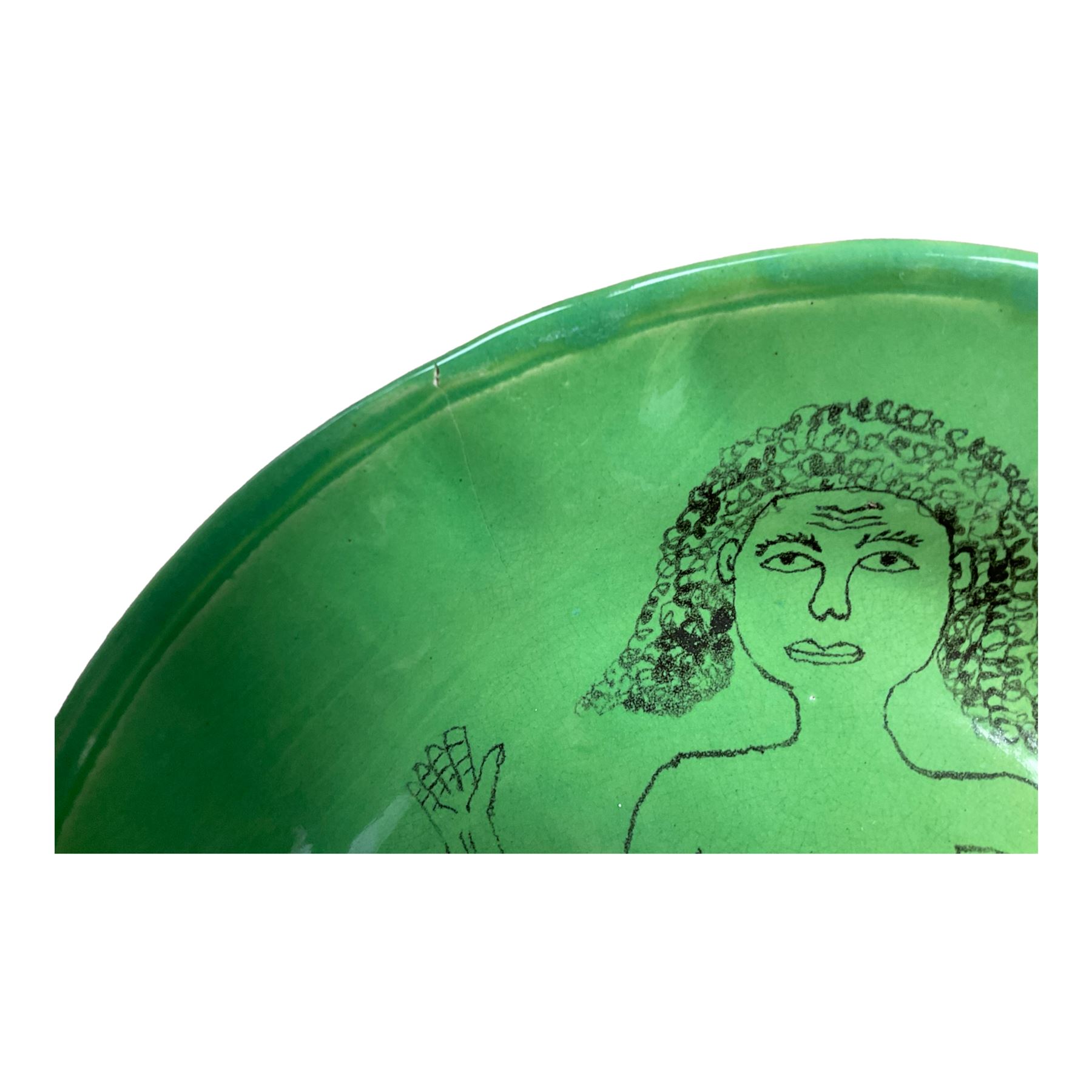 Hylton Nel (1941-); Two bowls, 1995, the green ground decorated internally with a mermaid, with makers mark and date to the base HN. 23.5.95