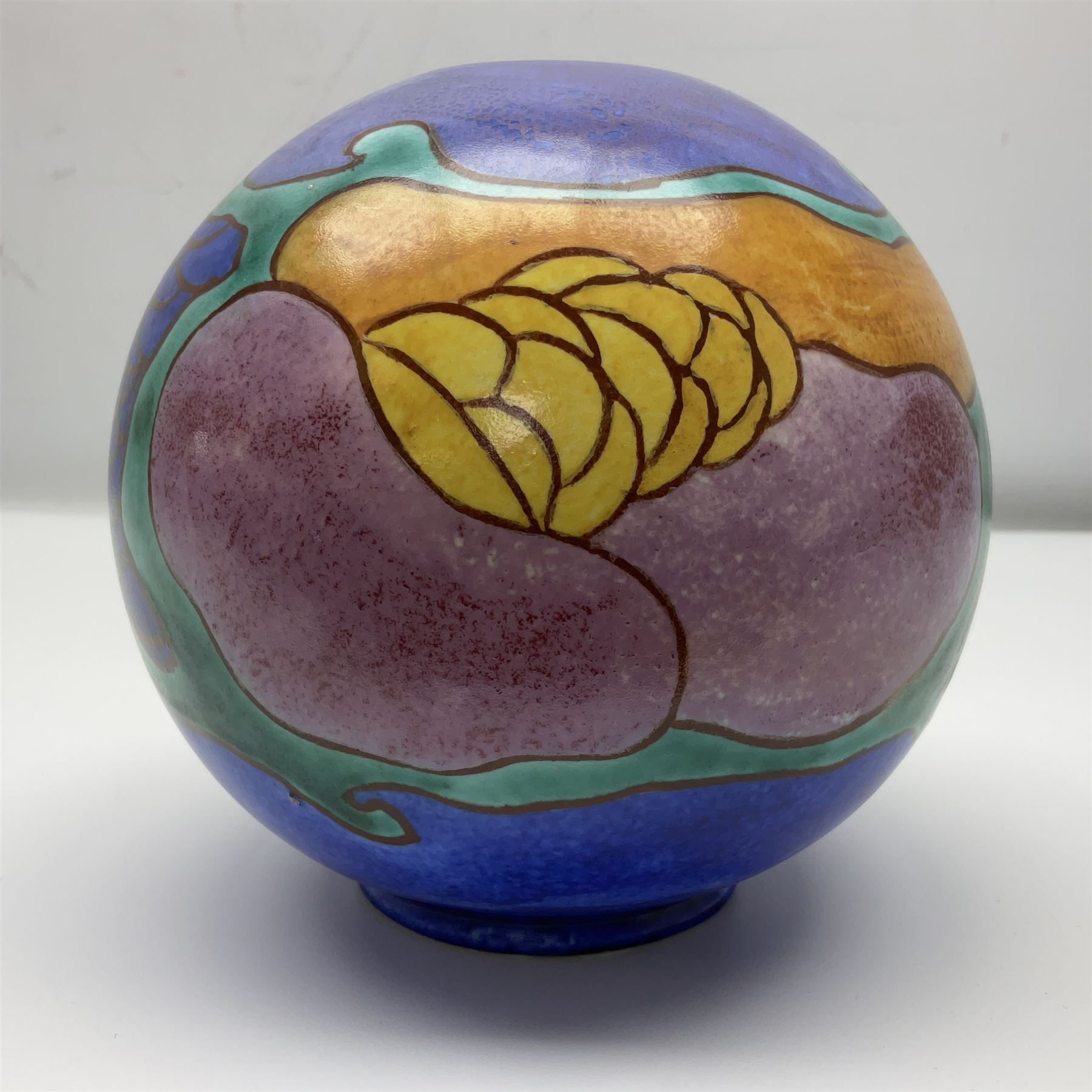 Clarice Cliff Bizarre for Newport Pottery Inspiration Tresco pattern vase, the body of shape 370 globe form painted in yellow, orange, pink, purple, green and blue with stylised island and sea related motifs such as scales and seaweed, with painted and impressed marks beneath, H15cm