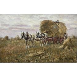 James William Booth (Staithes Group 1867-1953): Harvest Time - Collecting Stooks in the Field, oil on canvas laid on board signed 32cm x 50cm