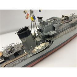 Model of the WWII K-Class Destroyer HMS Kelly, fitted with remote control equipment, untested (no controller), approximately L110cm
