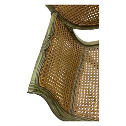 19th century French Louis XV-design armchair, carved and painted wood frame, caned back and seat with scrolled arms, supported by cabriole supports with acanthus leaf decoration