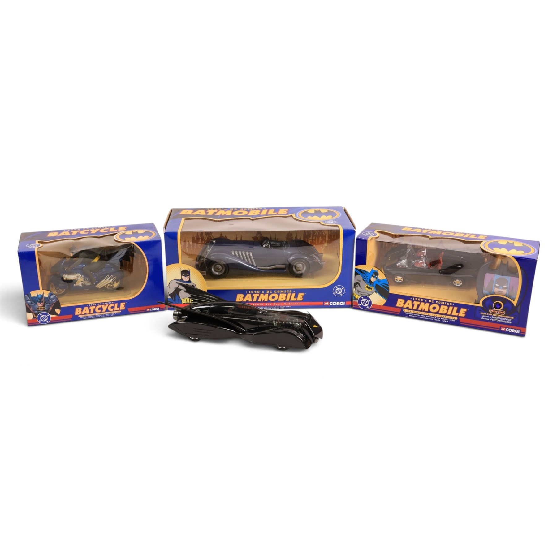 Four Corgi Batman diecast vehicles, comprising 1:18 1940s DC Comics Batmobile, 1:24 scale 1960s DC Comics Batmobile, 1:16 scale 2000 DC Comics Batcycle, all boxed and an unboxed Corgi 2000s DC Comics Batmobile