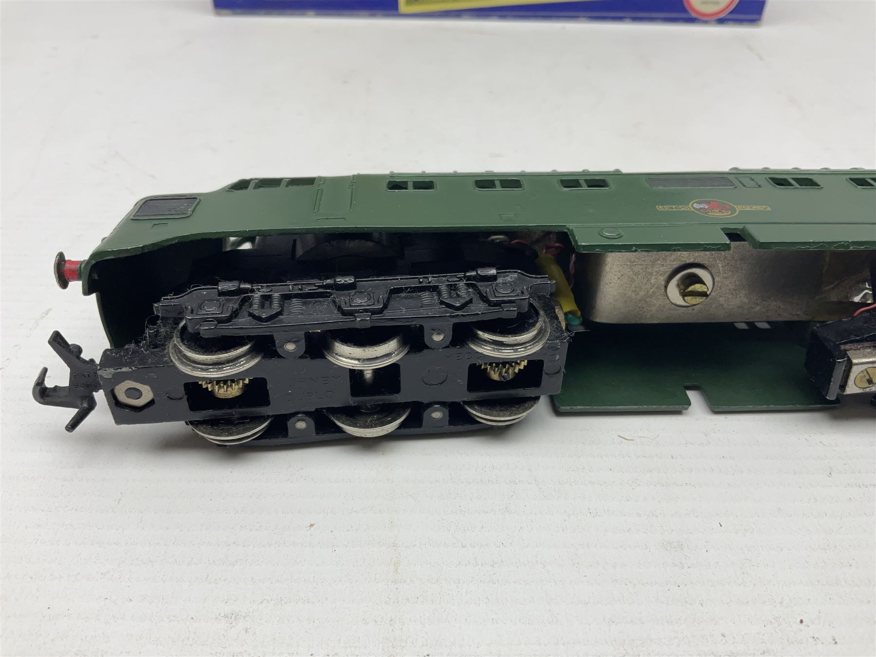 Hornby Dublo - three-rail - Deltic Type Diesel Co-Co locomotive with instructions and guarantee; and Class 20 1000 B.H.P. Bo-Bo Diesel Electric locomotive No.D8000; both in BR green; and each in original blue striped box (2)

