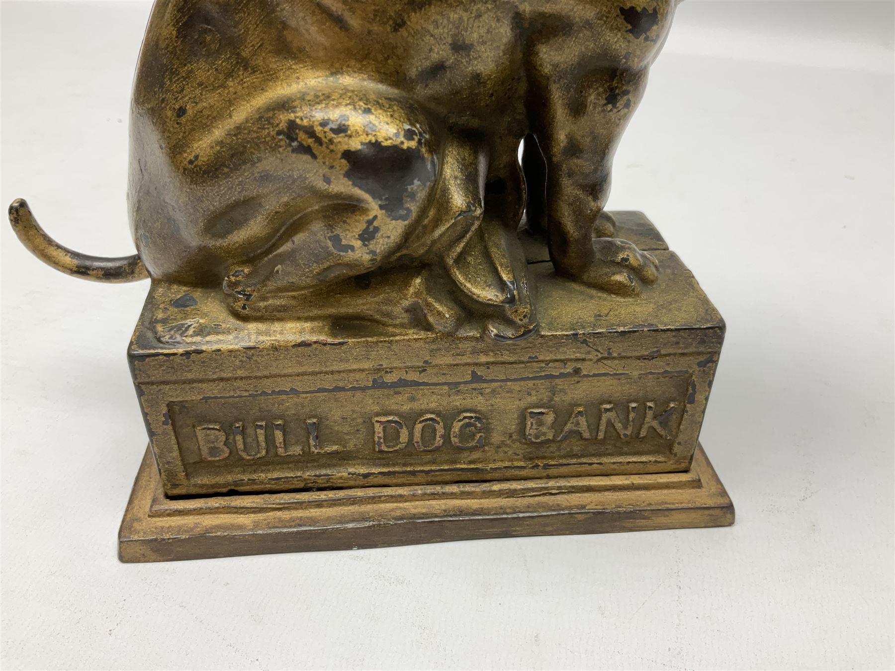 Late 19th century cast-iron mechanical money bank 'Bulldog Bank' by J & E Stevens with coin-on-nose action; patented 27th April 1880 H19.5cm