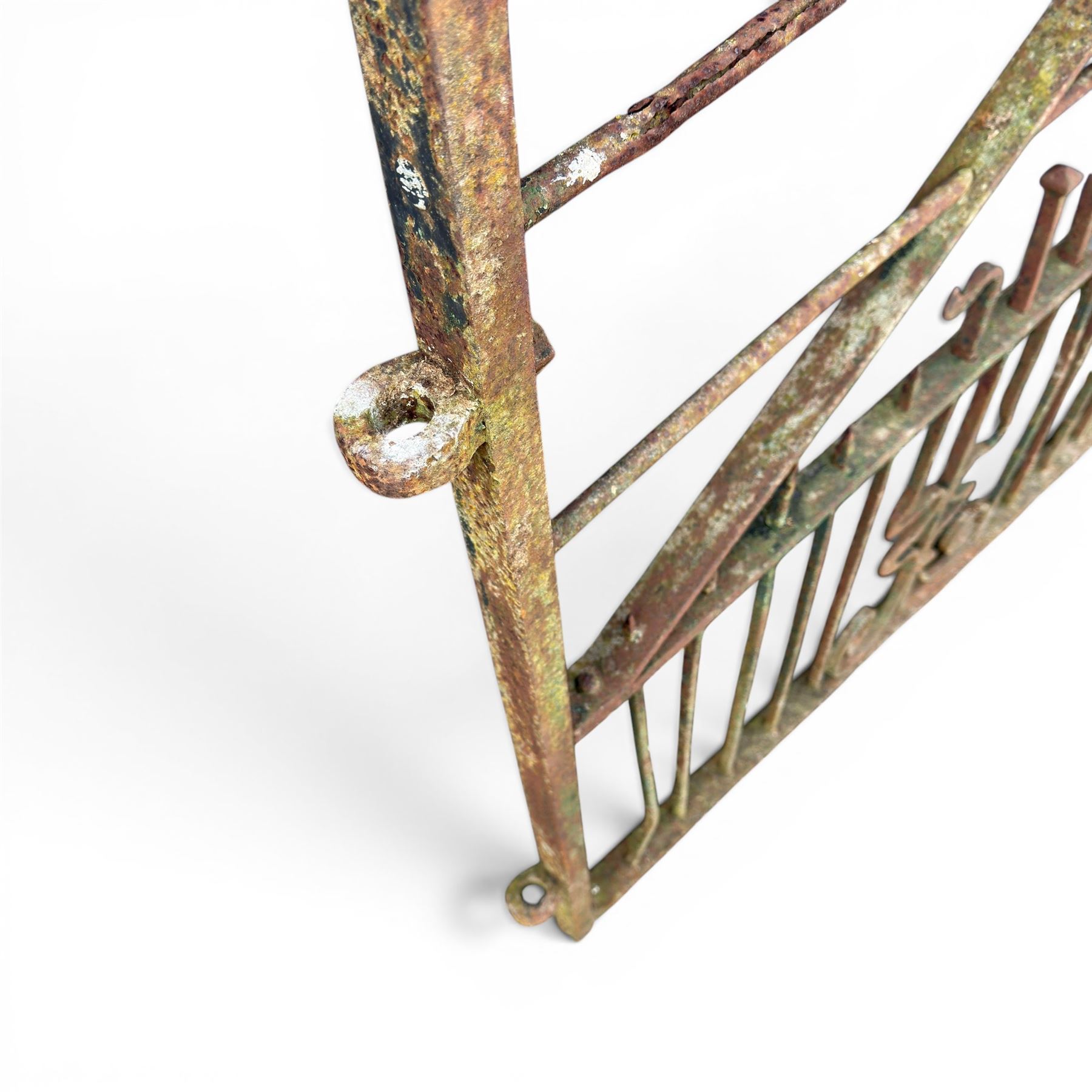 Impressive 19th century 4' wrought iron Country House pedestrian gate, bar form with close rail base, X framed with central crests, scroll and spike top