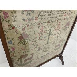 Victorian sampler, worked by Ann Jane Dawsons, age 14, dated 1838, depicting a verse above biblical motifs, later mounted into a mahogany fire screen