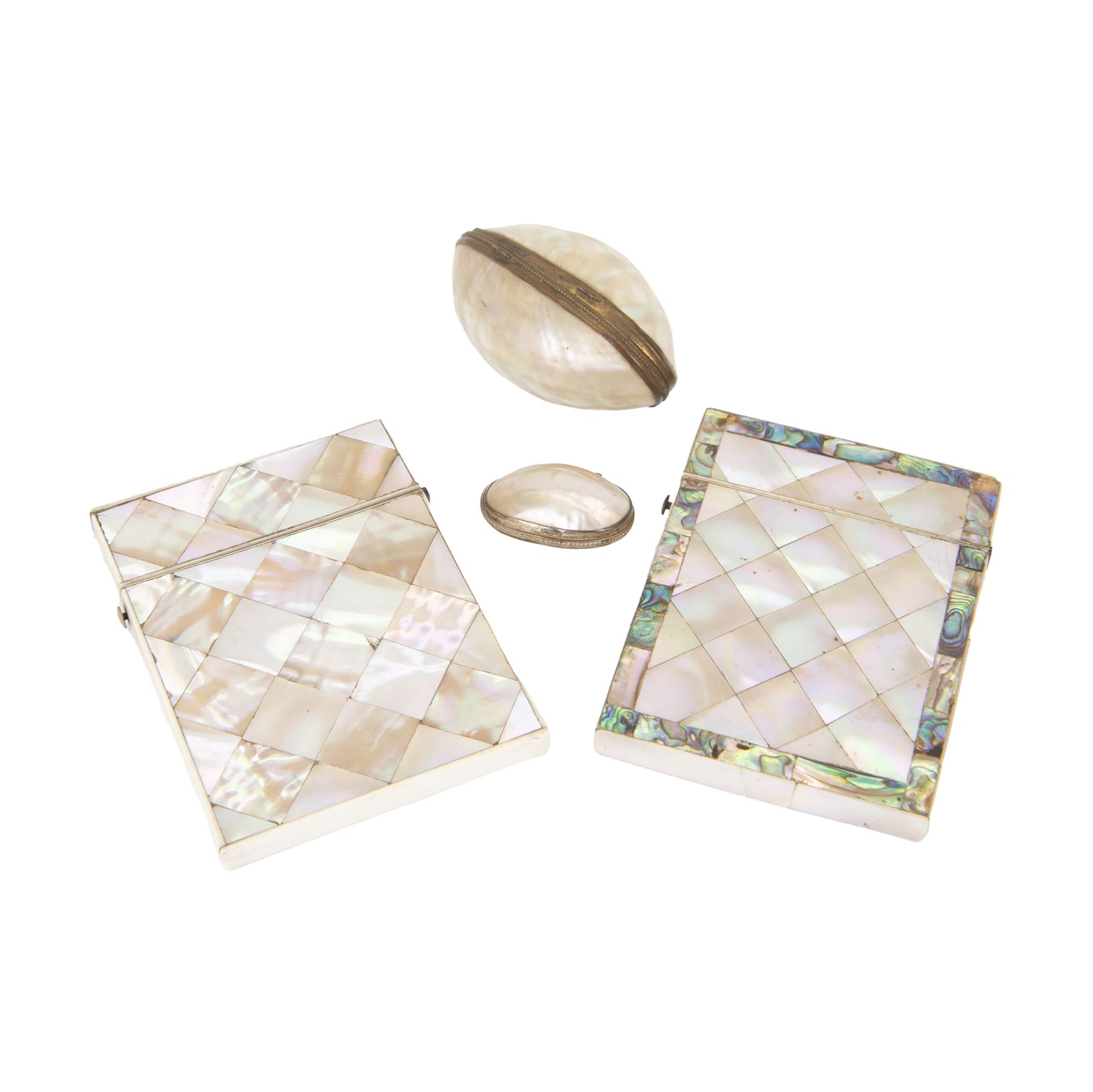 Two Victorian mother of pearl card cases, each approximately H10.5cm W8cm, together with two mother of pearl shell boxes, largest L7.5cm