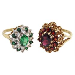 Gold garnet cluster ring and a gold paste green and clear stone cluster ring, both hallmarked 9ct