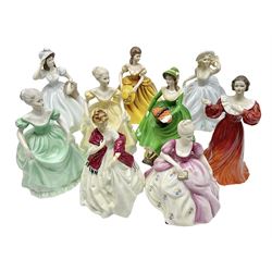 Royal Worcester figure, First Dance no 3629, together with eight Coalport figures, to include Debbie, Emily, Helen etc