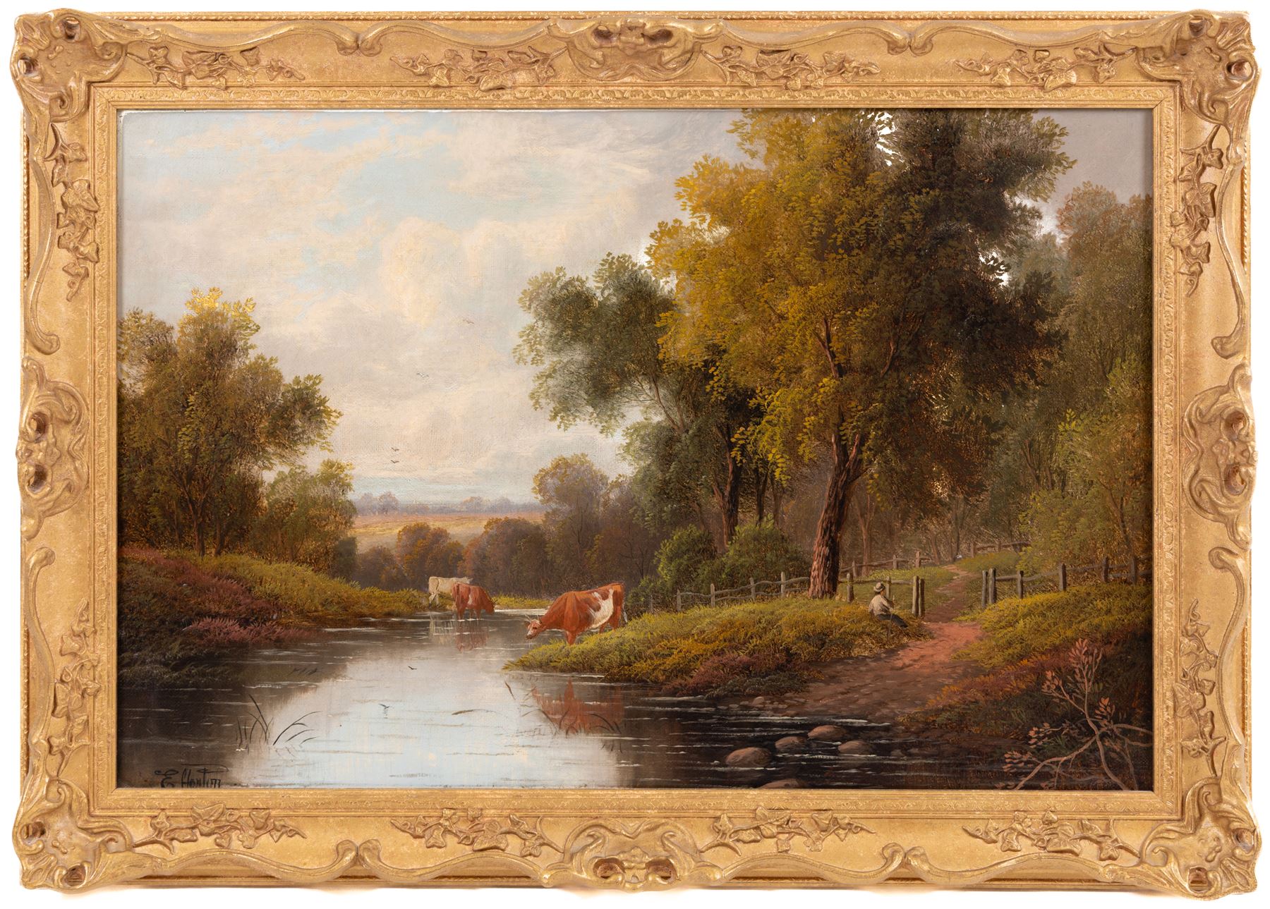 Etty Horton (British exh. 1892-1905): Rural Scenes with Figures and Cattle Watering, pair oils on canvas signed 39cm x 59cm (2)