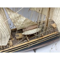 Three masted kit built sailing ship with cloth sales, deck fittings and full rigging, on open display, L110cm, H80cm  