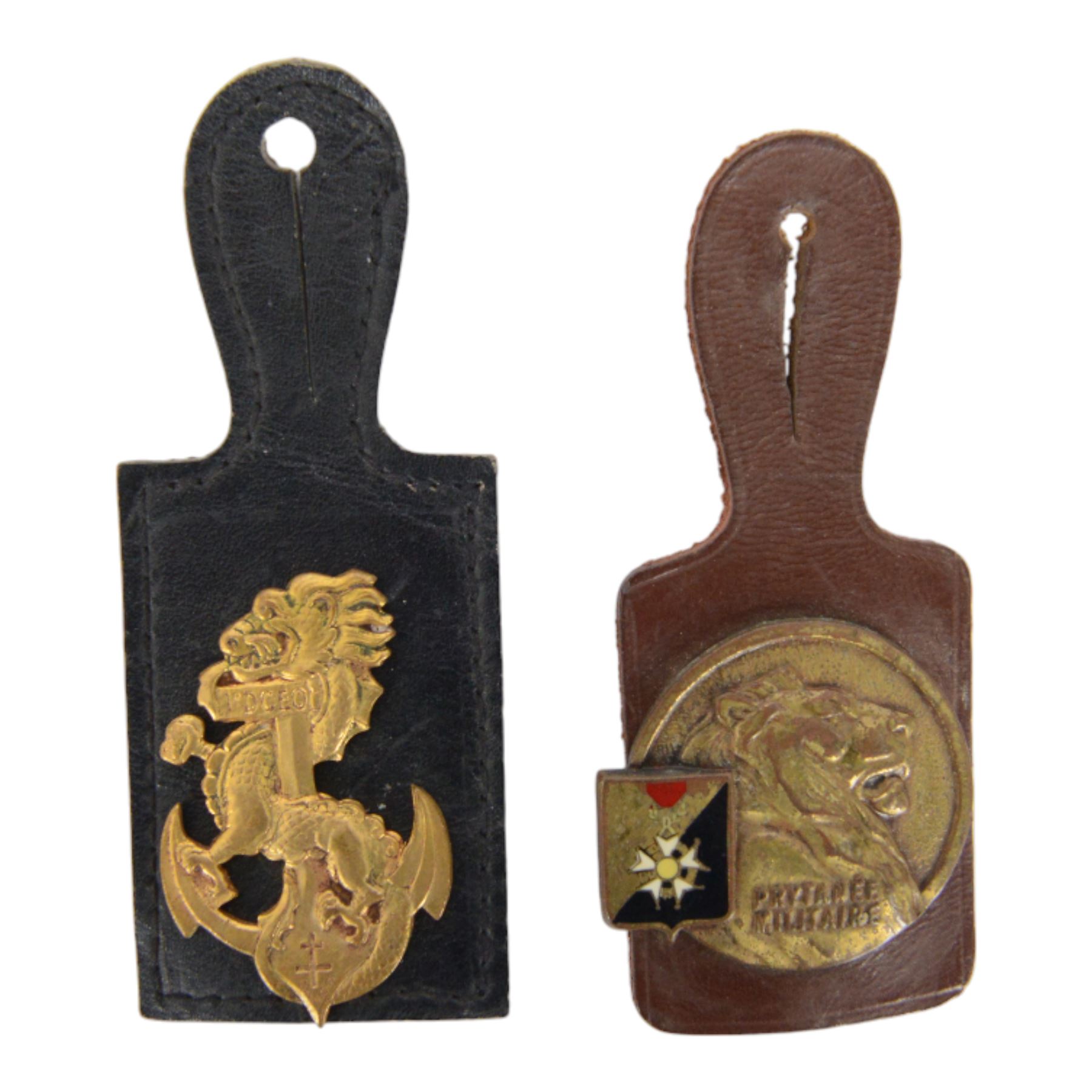 Eight French military badges on fobs from 1939 onwards, including Commandos, Infantry, Tirailleurs, Chasseurs etc