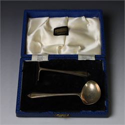 Silver Christening set, comprising spoon, fork and mother of pearl handled knife with engraved initials, together with a silver spoon and pusher set, all hallmarked, in fitted cases