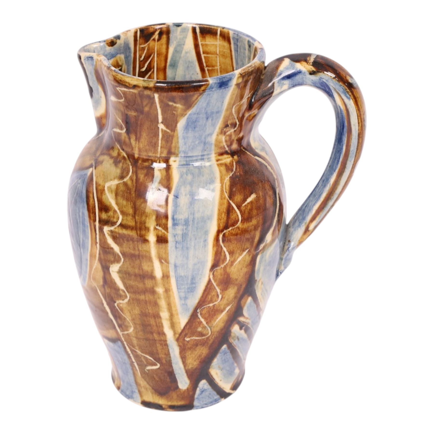 David Garland (b.1941) jug, decorated in a blue and brown glaze, with leaves and abstract patterns, H27cm