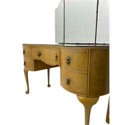 Early 20th century bleached walnut kidney shaped dressing table, triple mirror back