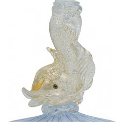Venetian Murano blue and white glass latticino zanfirico closely matched trio, the flanking vases with stems formed as dolphins, compote vase H21.5cm (3)
