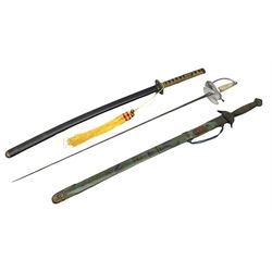 Three reproduction swords - Japanese katana and saya; Tai Chi sword with ornate scabbard; and dress sword with fullered triangular blade and horn handle (3)